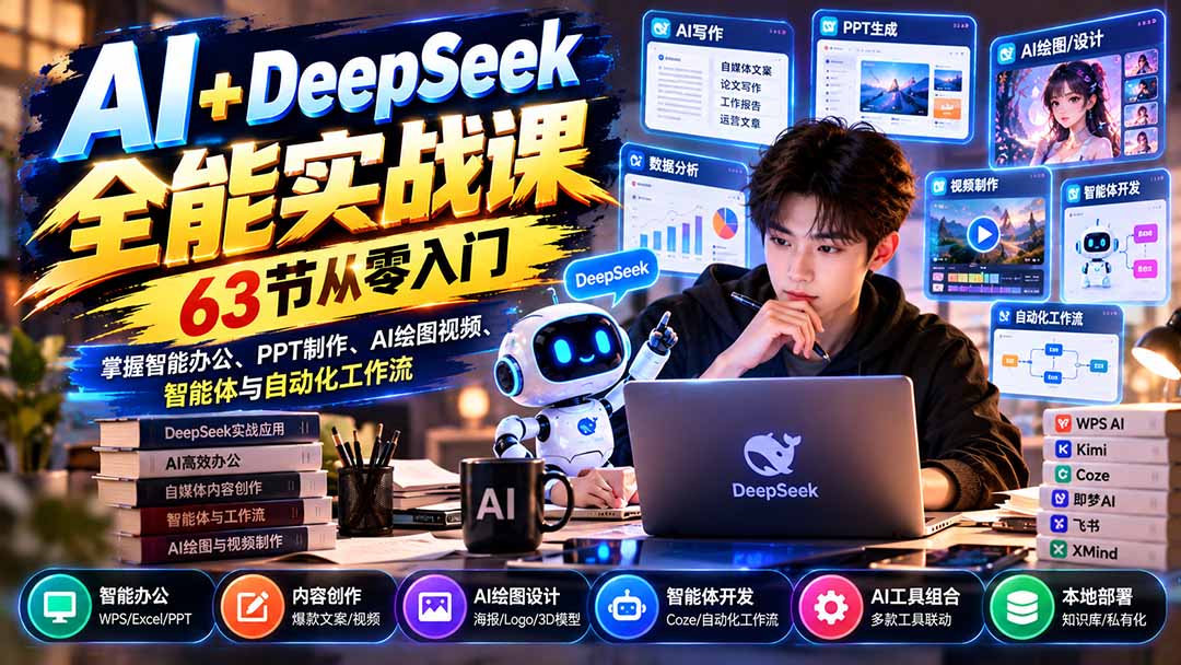 图片[2]-AI+DeepSeek全能实战课：63节从零入门，掌握智能办公、PPT制作、AI绘图视频、智能体与自动化工作流-副业网