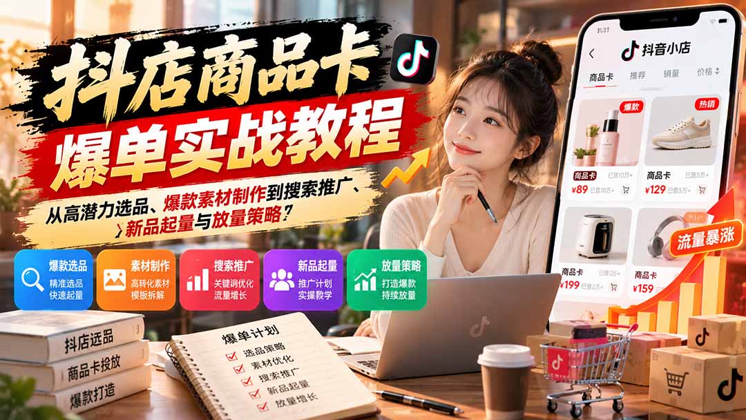 抖店商品卡爆单实战教程:从高潜力选品、爆款素材制作到搜索推广、新品起量与放量策略-副业网
