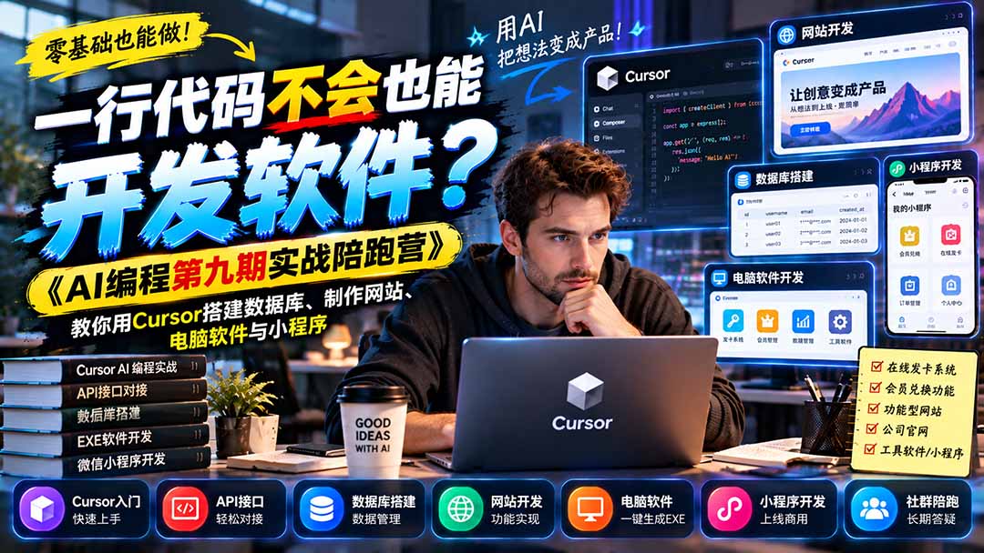 图片[2]-一行代码不会也能开发软件？《AI编程第九期实战陪跑营》教你用Cursor搭建数据库、制作网站、电脑软件与小程序-副业网