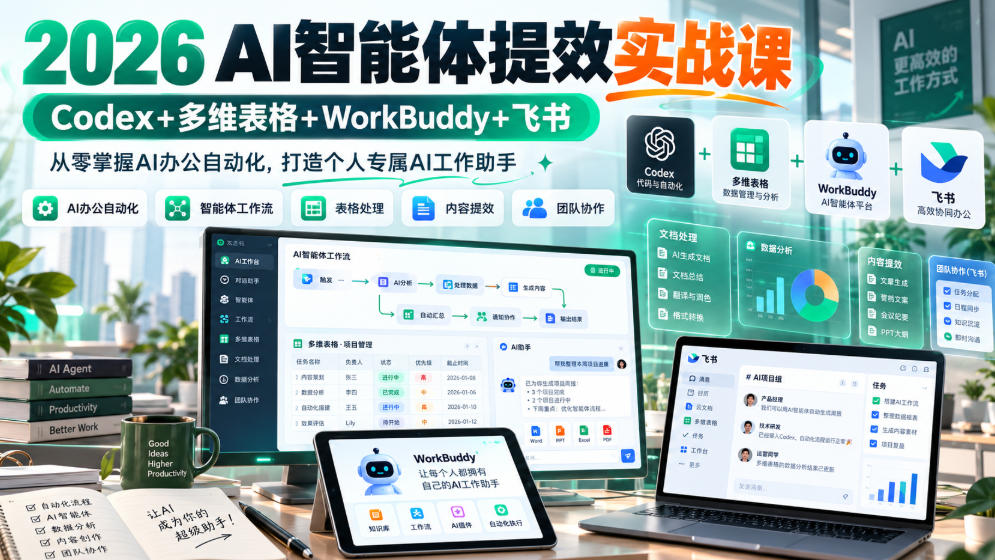 2026 AI智能体提效实战课：Codex+多维表格+WorkBuddy+飞书，从零掌握AI办公自动化，打造个人专属AI工作助手-副业网