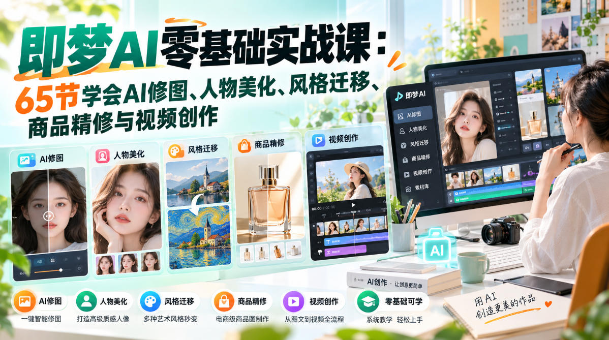 即梦AI零基础实战课：65节学会AI修图、人物美化、风格迁移、商品精修与视频创作-副业网