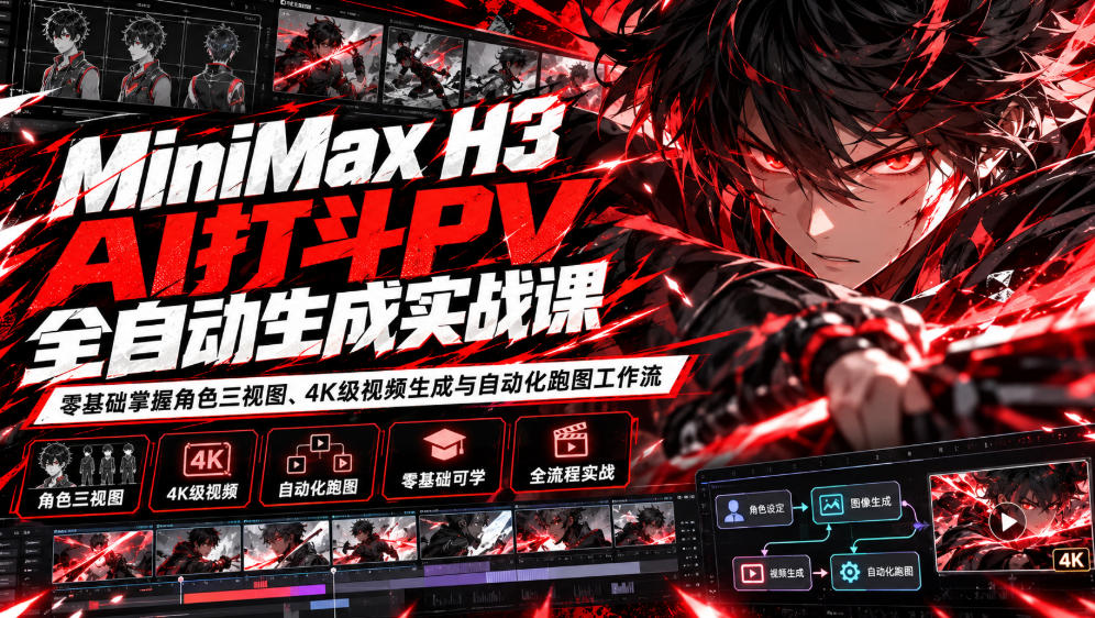 MiniMax H3 AI打斗PV全自动生成实战课：零基础掌握角色三视图、4K级视频生成与自动化跑图工作流-副业网