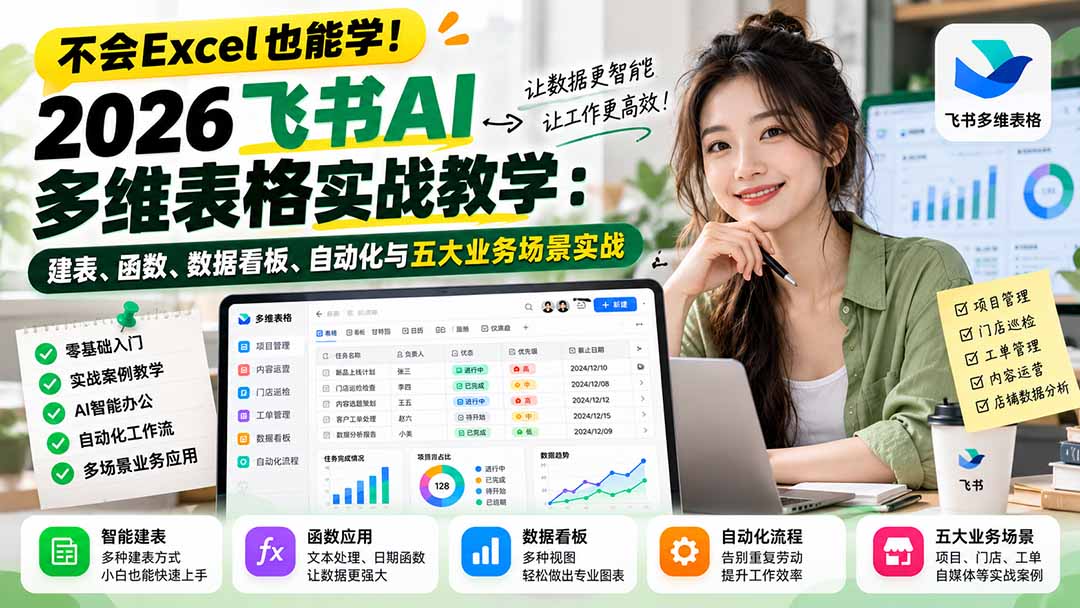 图片[2]-不会Excel也能学！2026飞书AI多维表格实战教学：建表、函数、数据看板、自动化与五大业务场景实战-副业网