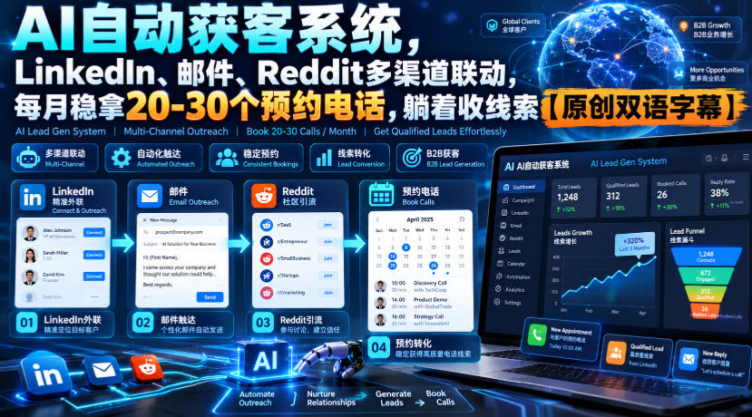 【无水印】AI自动获客系统，LinkedIn、邮件、Reddit多渠道联动，每月稳拿20-30个预约电话，躺着收线索【原创双语字幕】-副业网
