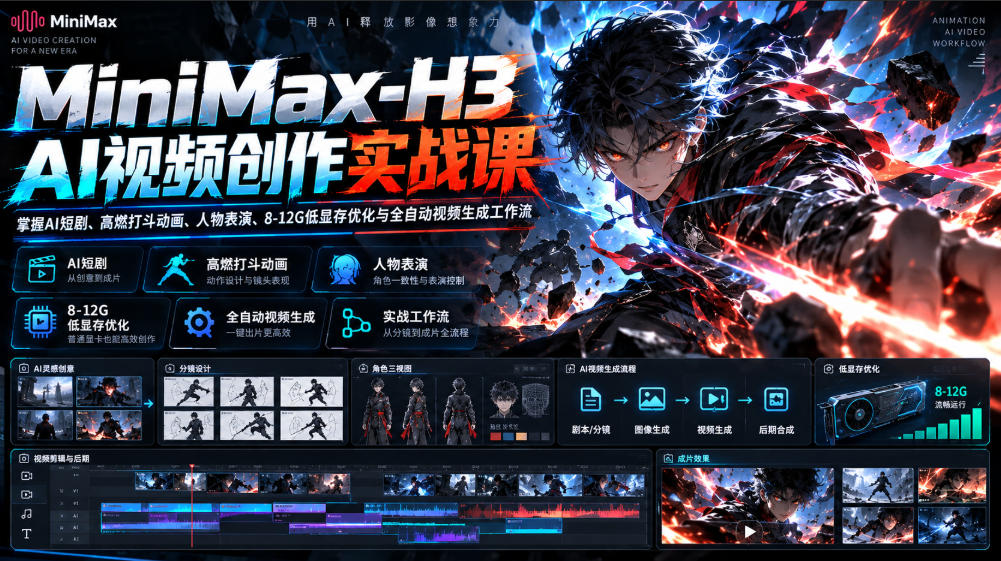MiniMax-H3 AI视频创作实战课，掌握AI短剧、高燃打斗动画、人物表演、8-12G低显存优化与全自动视频生成工作流-副业网