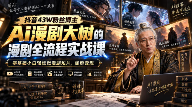 抖音43W粉丝博主Ai漫剧大树的漫剧制作全流程实战课,零基础小白轻松做漫剧短片,涨粉变现(更新1027)-副业网