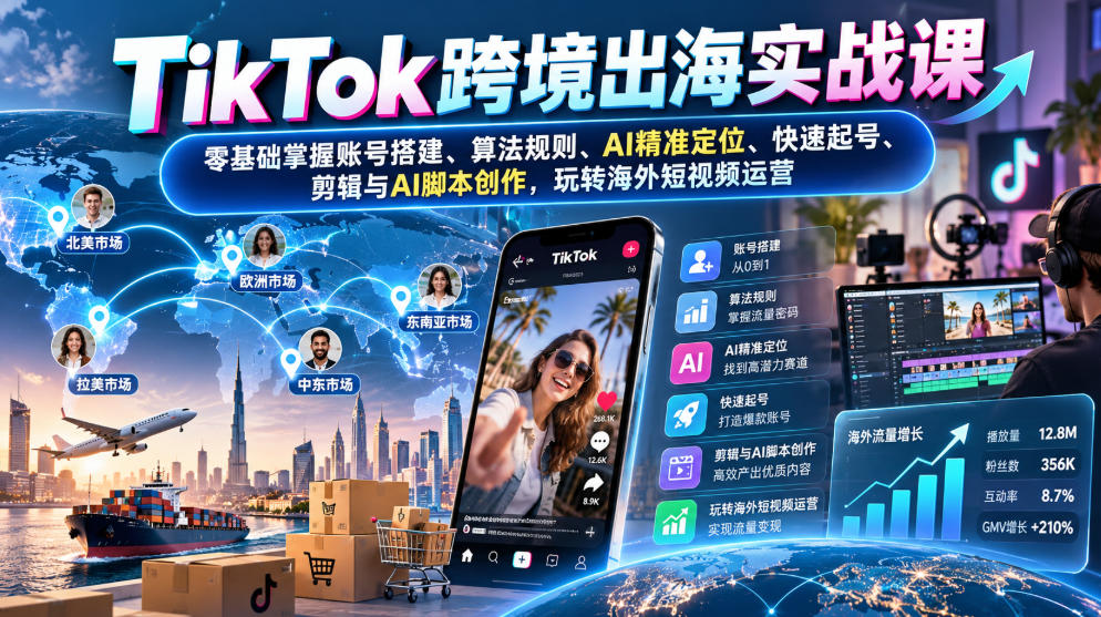 TikTok跨境出海实战课:零基础掌握账号搭建、算法规则、AI精准定位、快速起号、剪辑与AI脚本创作,玩转海外短视频运营-副业网