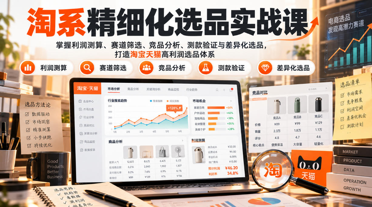 货架电商精细化选品实战课:掌握利润测算、赛道筛选、竞品分析、测款验证与差异化选品,打造淘宝天猫高利润选品体系-副业网