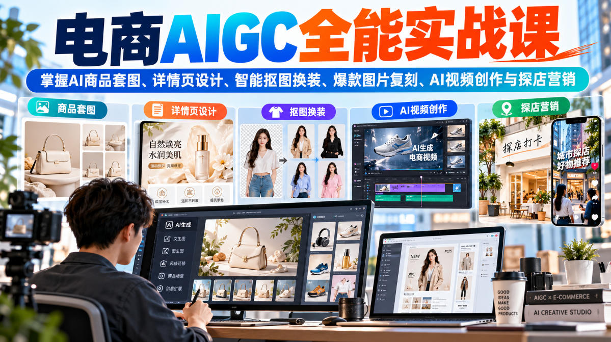 电商AIGC全能实战课:掌握AI商品套图、详情页设计、智能抠图换装、爆款图片复刻、AI视频创作与探店营销-副业网