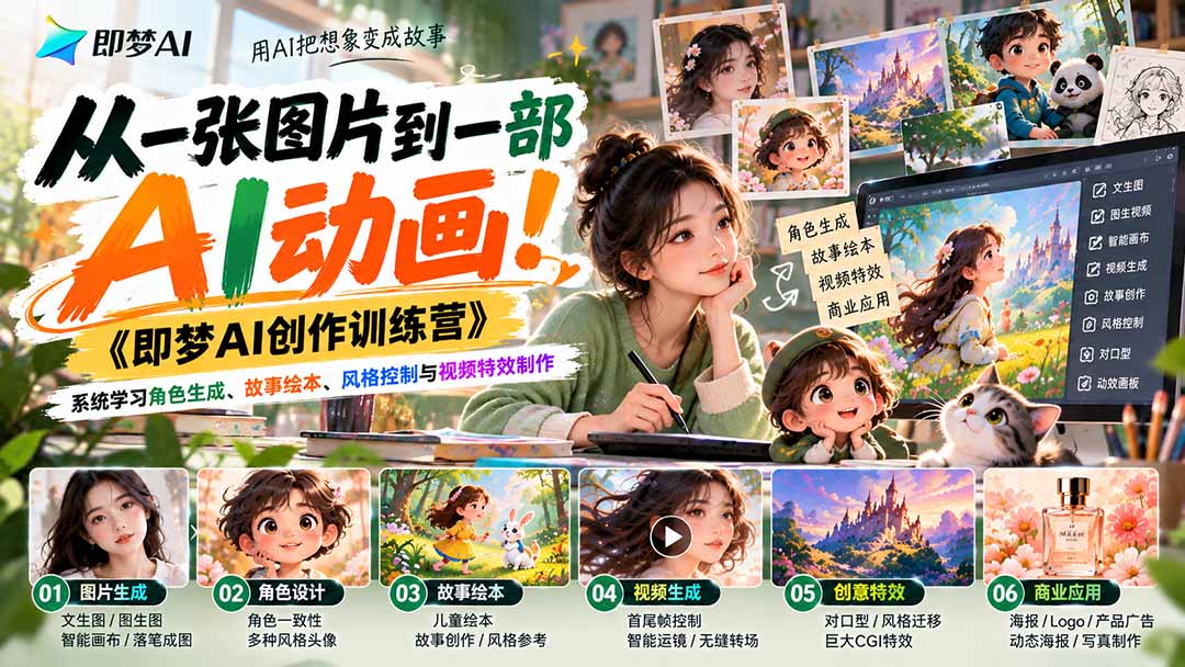 【无水印】从一张图片到一部AI动画！《即梦AI创作训练营》系统学习角色生成、故事绘本、风格控制与视频特效制作-副业网
