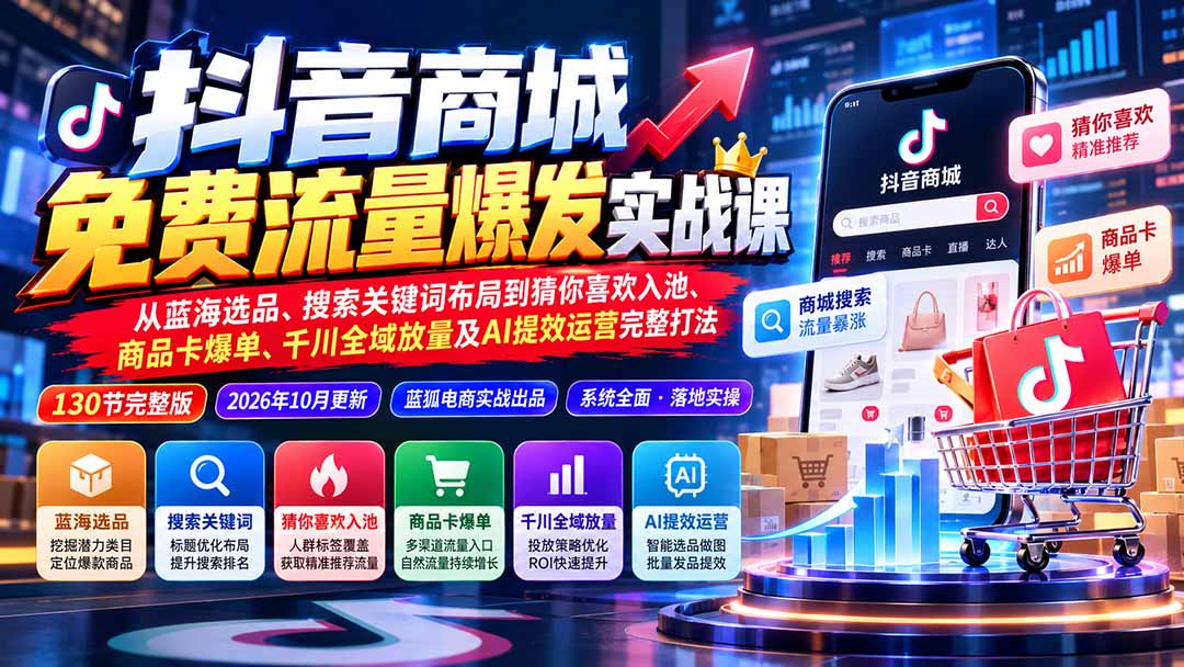 抖店城免费流量爆发实战-更新:蓝海选品、搜索关键词布局到猜你喜欢入池、商品卡爆单、千川全域放量及AI提效完整打法-副业网