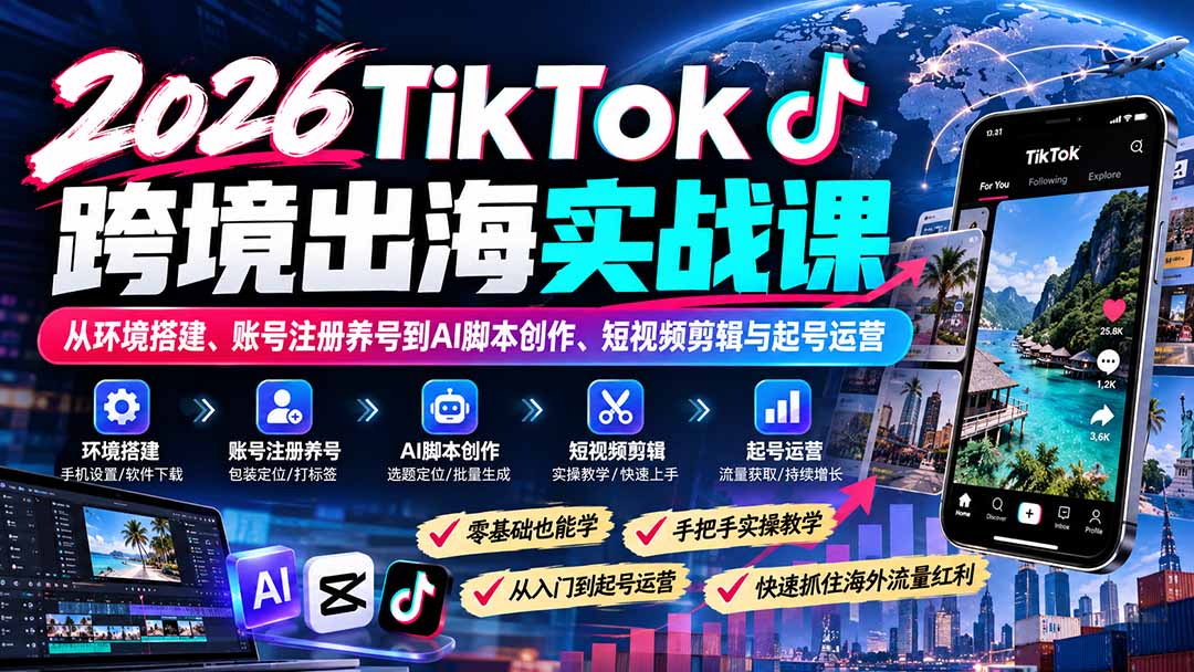 2026TikTok跨境出海实战课:从环境搭建、账号注册养号到AI脚本创作、短视频剪辑与起号运营-副业网