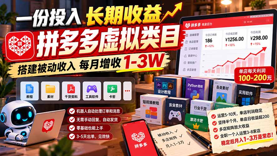 一份投入长期收益,拼多多虚拟类目,搭建被动收入每月增收 1-3W-副业网