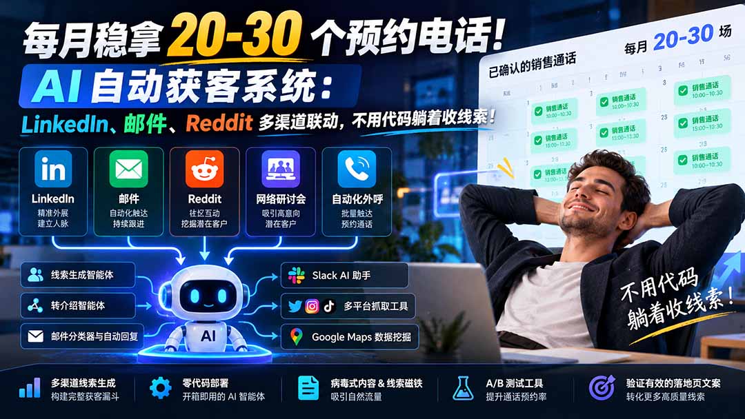 每月稳拿 20-30 个预约电话!AI 自动获客系统:LinkedIn、邮件、Reddit 多渠道联动,不用代码躺着收线索!-副业网