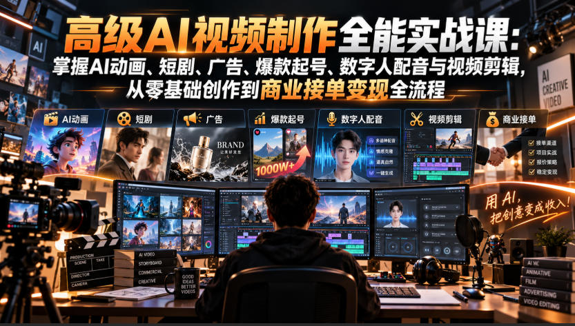 高级AI视频制作全能实战课：掌握AI动画、短剧、广告、爆款起号、数字人配音与视频剪辑，从零基础创作到商业接单变现全流程-副业网
