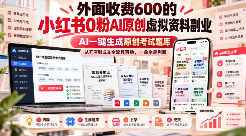 外面收费600的小红书0粉AI原创虚拟资料副业，AI一键生成原创考试题库，从开店到成交全流程落地，一单全是利润-副业网