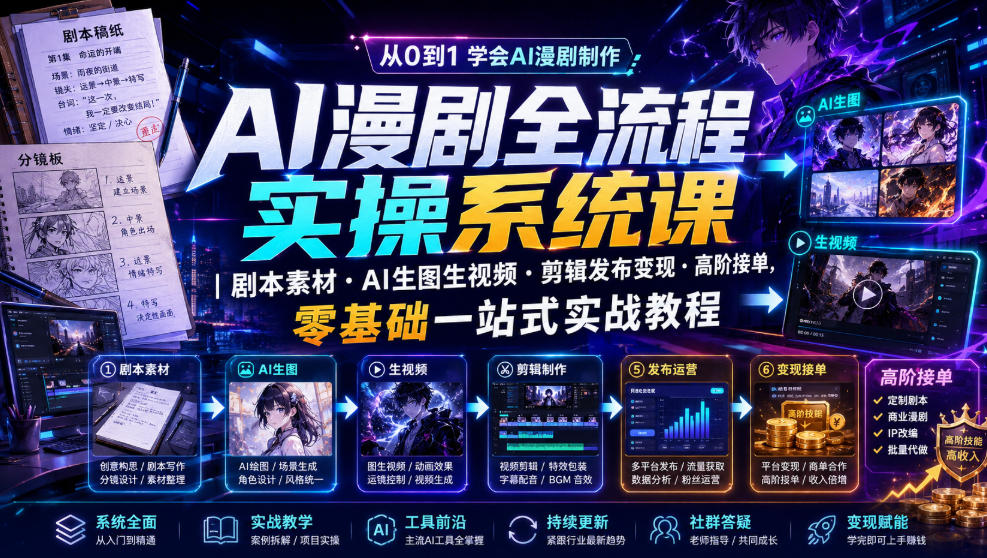 AI漫剧全流程实操系统课｜剧本素材・AI生图生视频・剪辑发布变现・高阶接单，零基础一站式实战教程(更新1027)-副业网