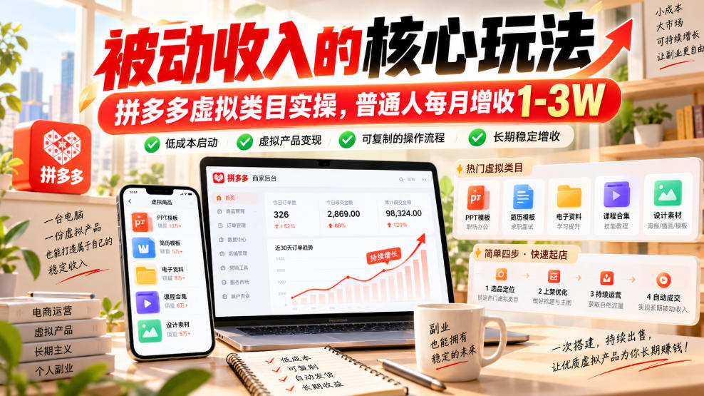 被动收入的核心玩法，拼多多虚拟类目实操，普通人每月增收1-3W【揭秘】-副业网