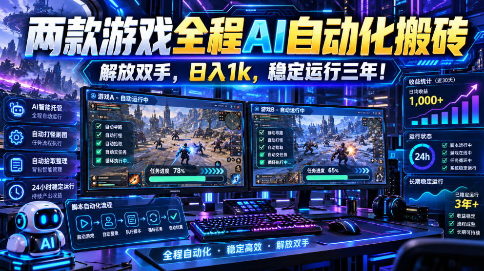 两款游戏全程AI自动化搬砖，解放双手，日入1k，稳定运行三年！【揭秘】-副业网