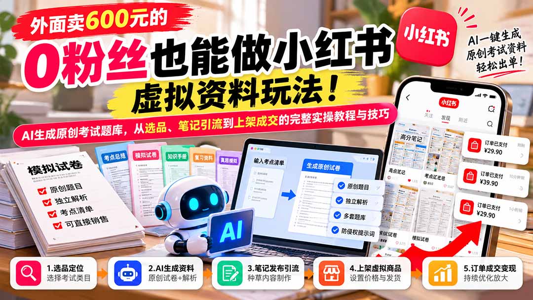 图片[2]-外面卖600元的 零粉丝也能做小红书虚拟资料玩法！AI生成原创考试题库，从选品、笔记引流到上架成交的完整实操教程-副业网