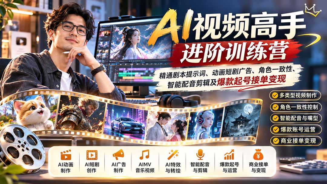 AI视频高手进阶训练营：精通剧本提示词、动画短剧广告、角色一致性、智能配音剪辑及爆款起号接单变现-副业网