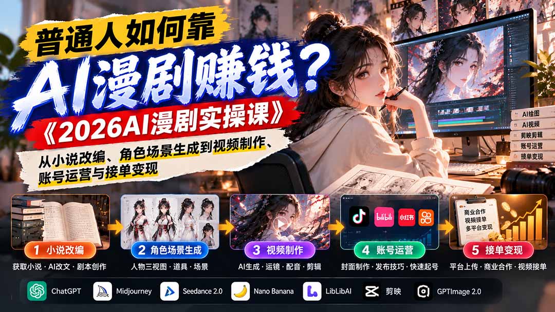 普通人如何靠AI漫剧赚钱？《2026AI漫剧实操课》从小说改编、角色场景生成到视频制作、账号运营与接单变现-副业网