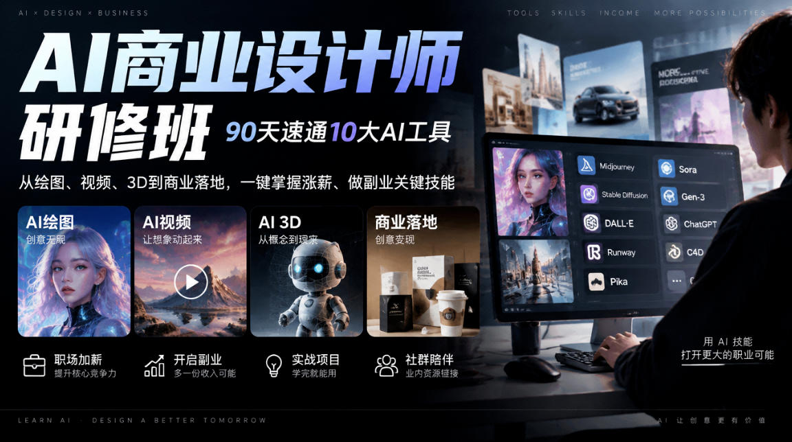 AI商业设计师研修班，90天速通10大AI工具，从绘图、视频、3D到商业落地，一键掌握涨薪、做副业关键技能-副业网