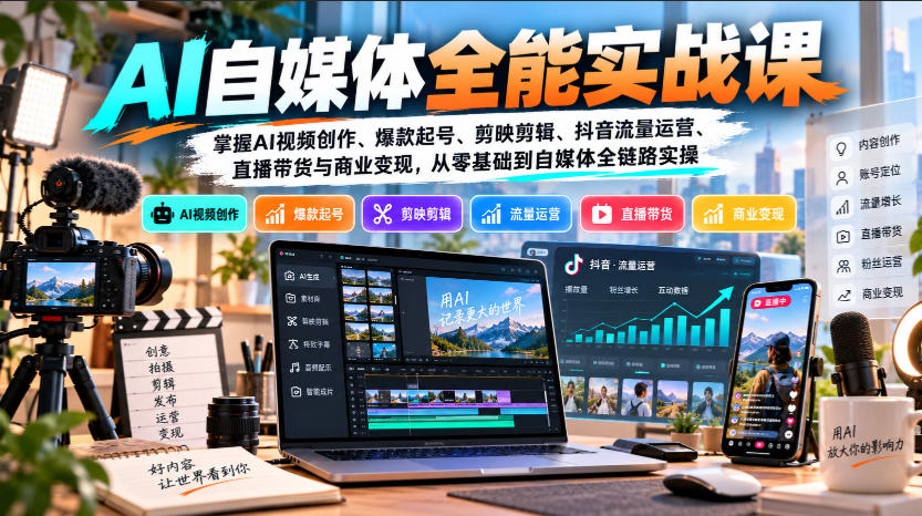 【无水印】AI自媒体全能实战课，掌握AI视频创作、爆款起号、剪映剪辑、抖音流量运营、直播带货与商业变现，从零基础到自媒体全链路实操-副业网
