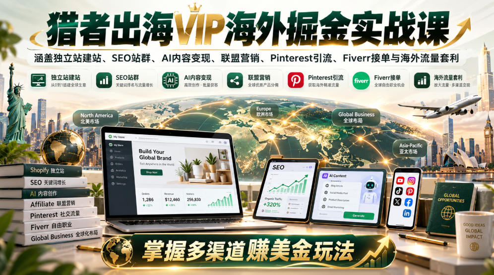 猎者出海VIP海外掘金实战课:涵盖独立站、SEO站群、AI变现、联盟营销、Pinterest引流、Fiverr接单与海外流量套利,掌握多渠道賺美金玩法-副业网