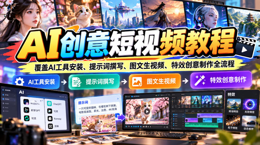 AI创意短视频教程，覆盖AI工具安装、提示词撰写、图文生视频、特效创意制作全流程-副业网