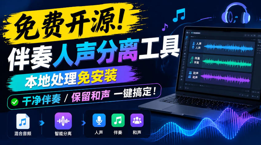免费开源！伴奏人声分离工具，本地处理免安装，干净伴奏，保留和声一键搞定！-副业网
