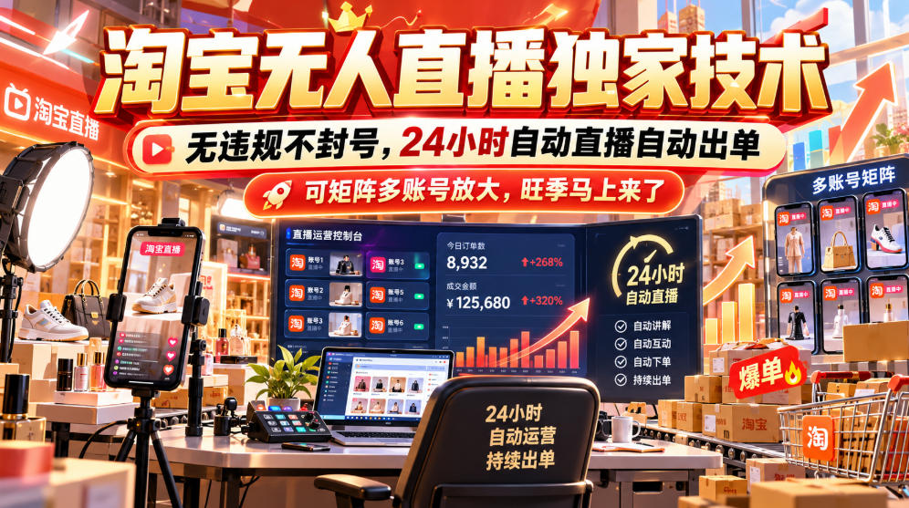 淘宝无人直播独家技术，无违规不封号，24小时自动直播自动出单，可矩阵多账号放大，旺季马上来了【揭秘】-副业网