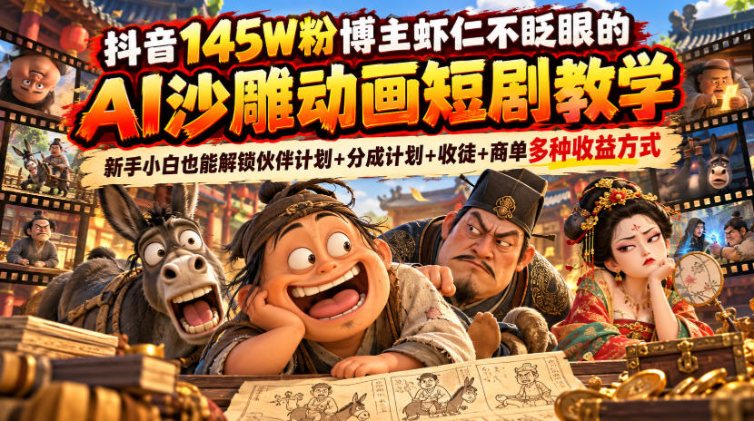 抖音145W粉博主虾仁不眨眼的AI沙雕动画短剧教学，新手小白也能解锁伙伴计划+分成计划+收徒+商单多种收益方式-副业网