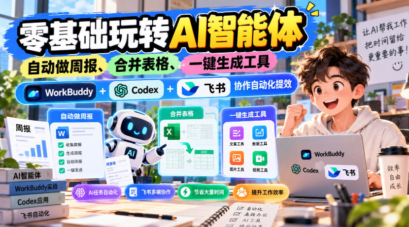【无水印】零基础玩转AI智能体，自动做周报、合并表格、一键生成工具，WorkBuddy+Codex + 飞书协作自动化提效-副业网