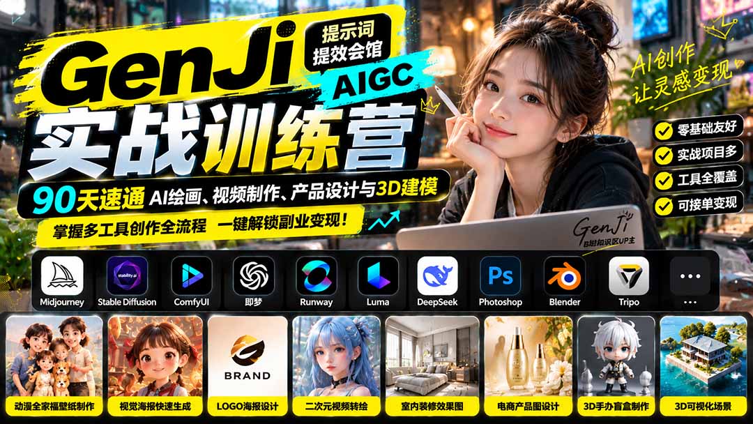 GenJi AIGC实战训练营：90天速通AI绘画、视频制作、产品设计与3D建模，掌握多工具创作全流程-副业网
