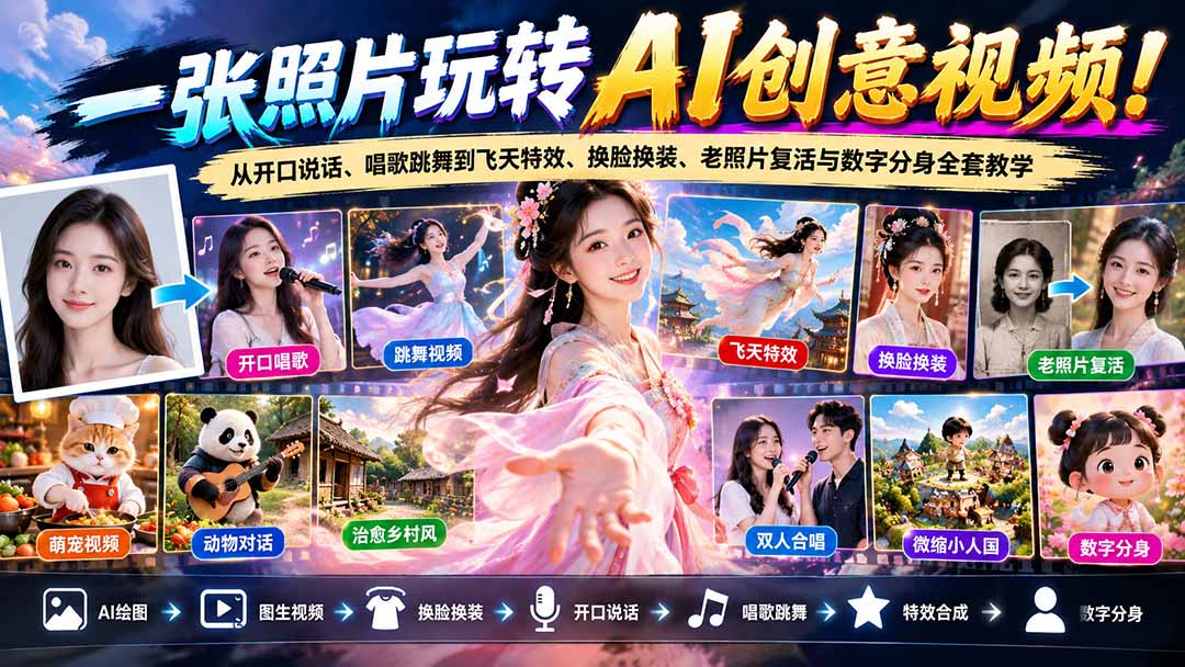 一张照片玩转AI创意视频！从开口说话、唱歌跳舞到飞天特效、换脸换装、老照片复活与数字分身全套教学-副业网