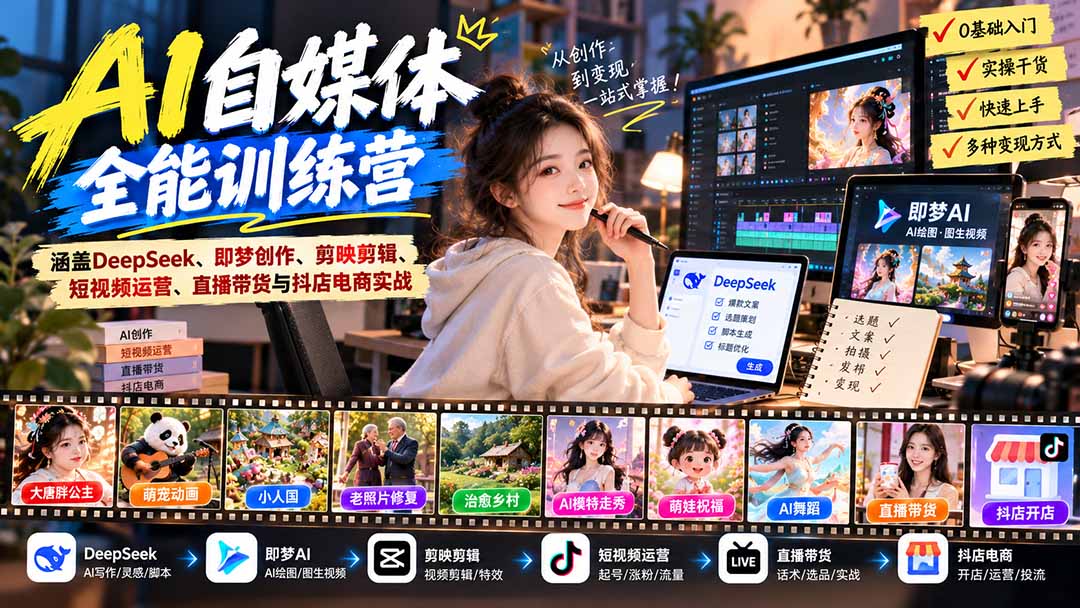 图片[2]-【无水印】AI+自媒体全能训练营：涵盖DeepSeek、即梦创作、剪映剪辑、短视频运营、直播带货与抖店电商实战-副业网
