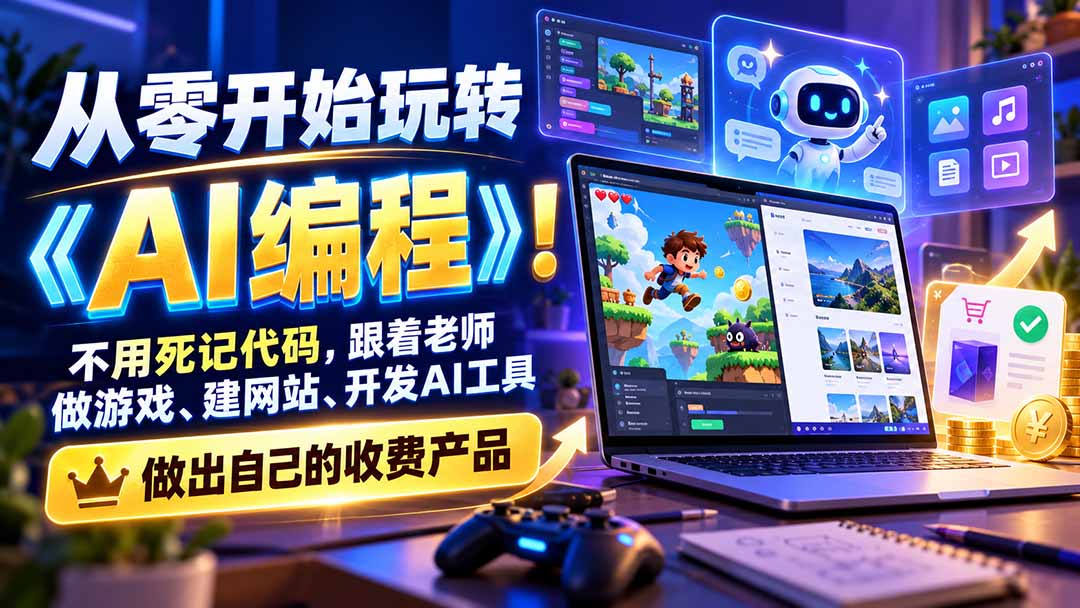 从零开始玩转《AI编程》！不用死记代码，跟着老师做游戏、建网站、开发AI工具，最后完成自己的收费产品-副业网
