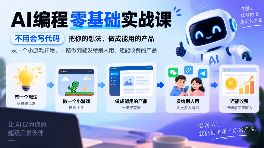 AI编程零基础实战课，不用会写代码，把你的想法，做成能用的产品，从一个小游戏开始，一路做到能发给别人用、还能收费的产品-副业网