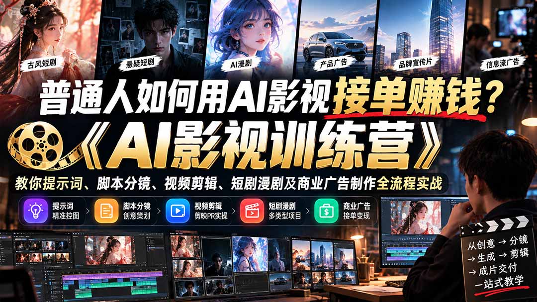图片[2]-普通人如何用AI影视接单赚钱？《AI影视训练营》教你提示词、脚本分镜、视频剪辑、短剧漫剧及商业广告制作全流程实战-副业网