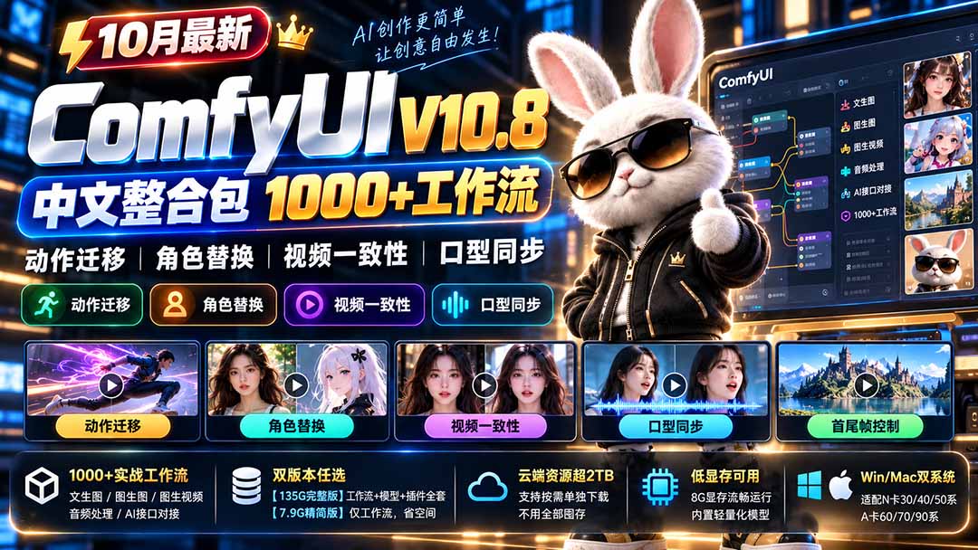 10月最新ComfyUI V10.8中文整合包 1000+工作流 动作迁移 角色替换 视频一致性 口型同步 低显存可用-副业网