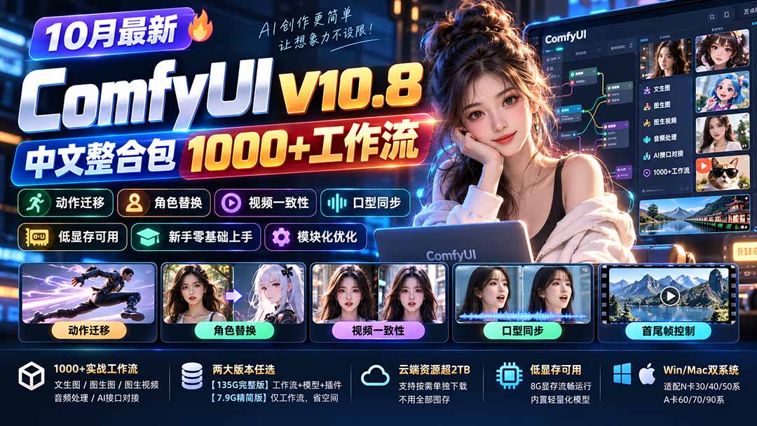 图片[2]-10月最新ComfyUI V10.8中文整合包 1000+工作流 动作迁移 角色替换 视频一致性 口型同步 低显存可用-副业网