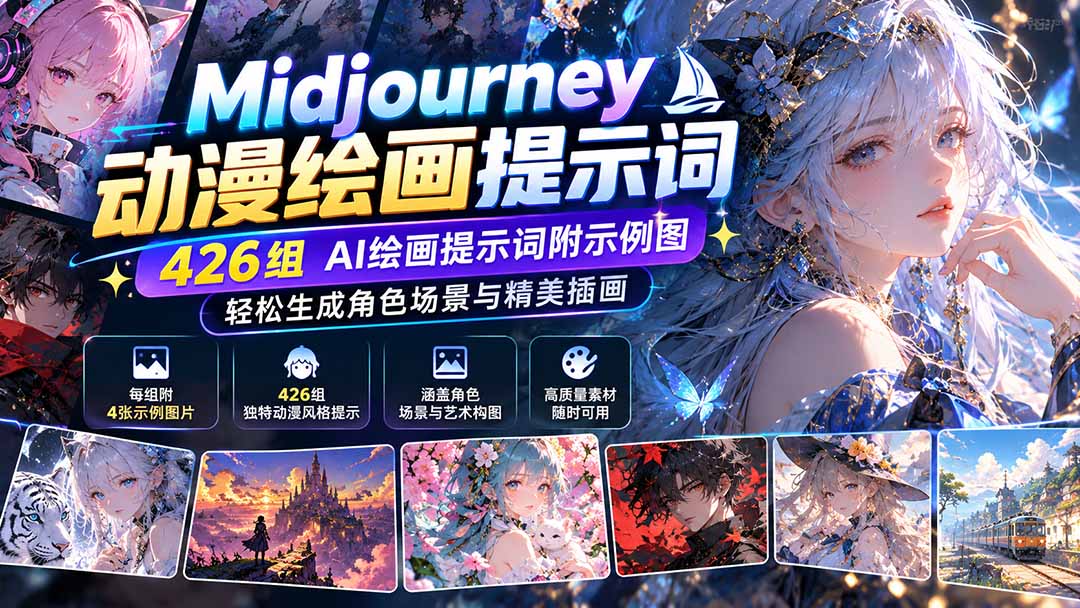 Midjourney动漫绘画提示词：426组AI绘画提示词附示例图，轻松生成角色场景与精美插画-副业网
