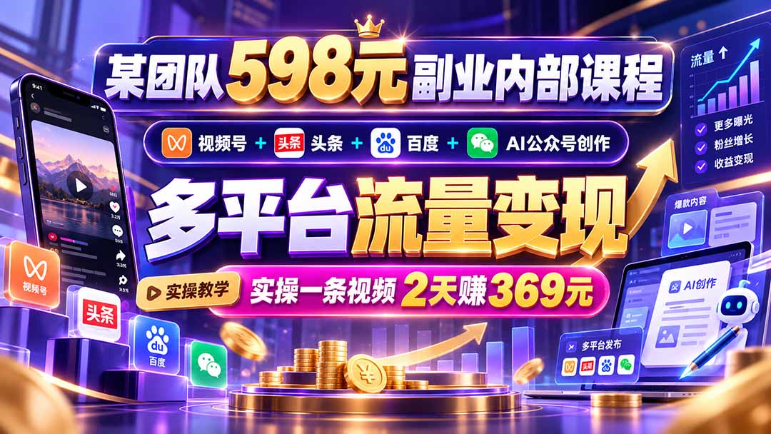 某团队598元副业内部课程：视频号+头条+百度+AI公众号创作、多平台流量变现，实操一条视频2天赚369元-副业网