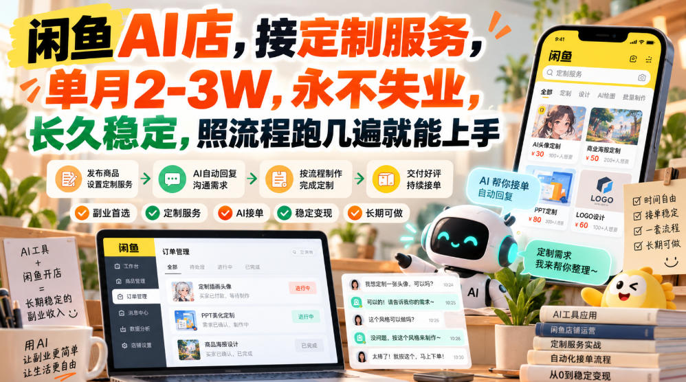 闲鱼AI店，接定制服务，单月2-3W，永不失业，长久稳定，照流程跑几遍就能上手-副业网