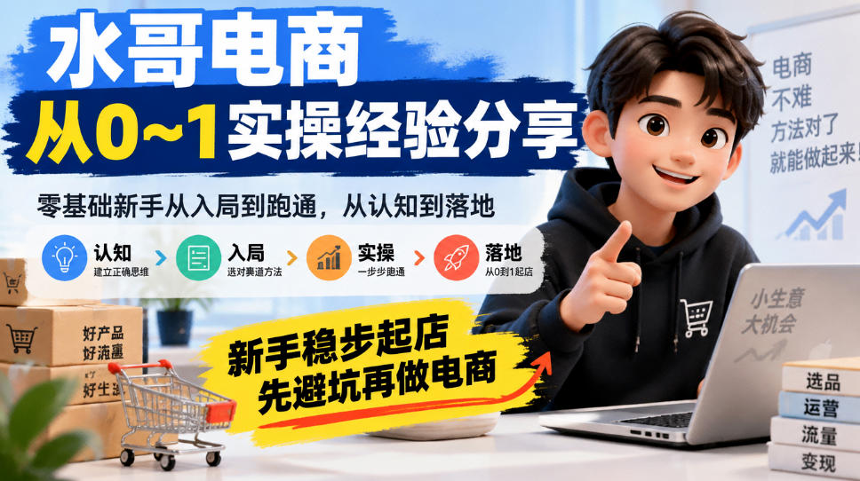 水哥电商从0~1实操经验分享，​零基础新手从入局到跑通，从认知到落地，新手稳步起店，先避坑再做电商-副业网