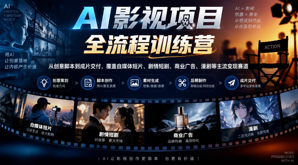 AI影视项目全流程训练营，从创意脚本到成片交付，覆盖自媒体短片、剧情短剧、商业广告、漫剧等主流变现赛道-副业网