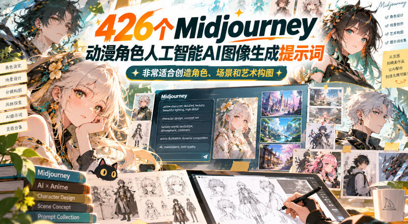 426个Midjourney动漫角色人工智能AI图像生成提示词，非常适合创造角色、场景和艺术构图-副业网