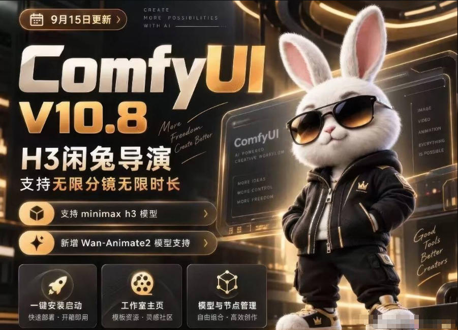ComfyUI V10.8中文整合包，H3闲兔导演，支持无限分镜无限时长，1000+工作流，动作迁移，角色替换，视频一致性，口型同步，低显存可用-副业网