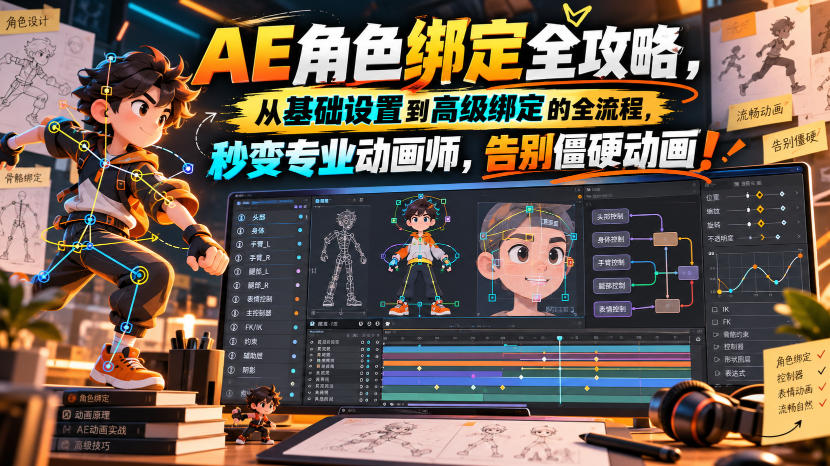 【无水印】AE角色绑定全攻略，从基础设置到高级绑定的全流程，秒变专业动画师，告别僵硬动画！【原创双语字幕】-副业网